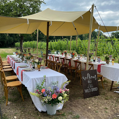 Stijlvolle stretchtent met gedekte tafel- Onder de Tent Gedekte tafel onder een handgemaakte stretchtent in landelijke setting op wijngaard- Verhuur door Onder de Tent